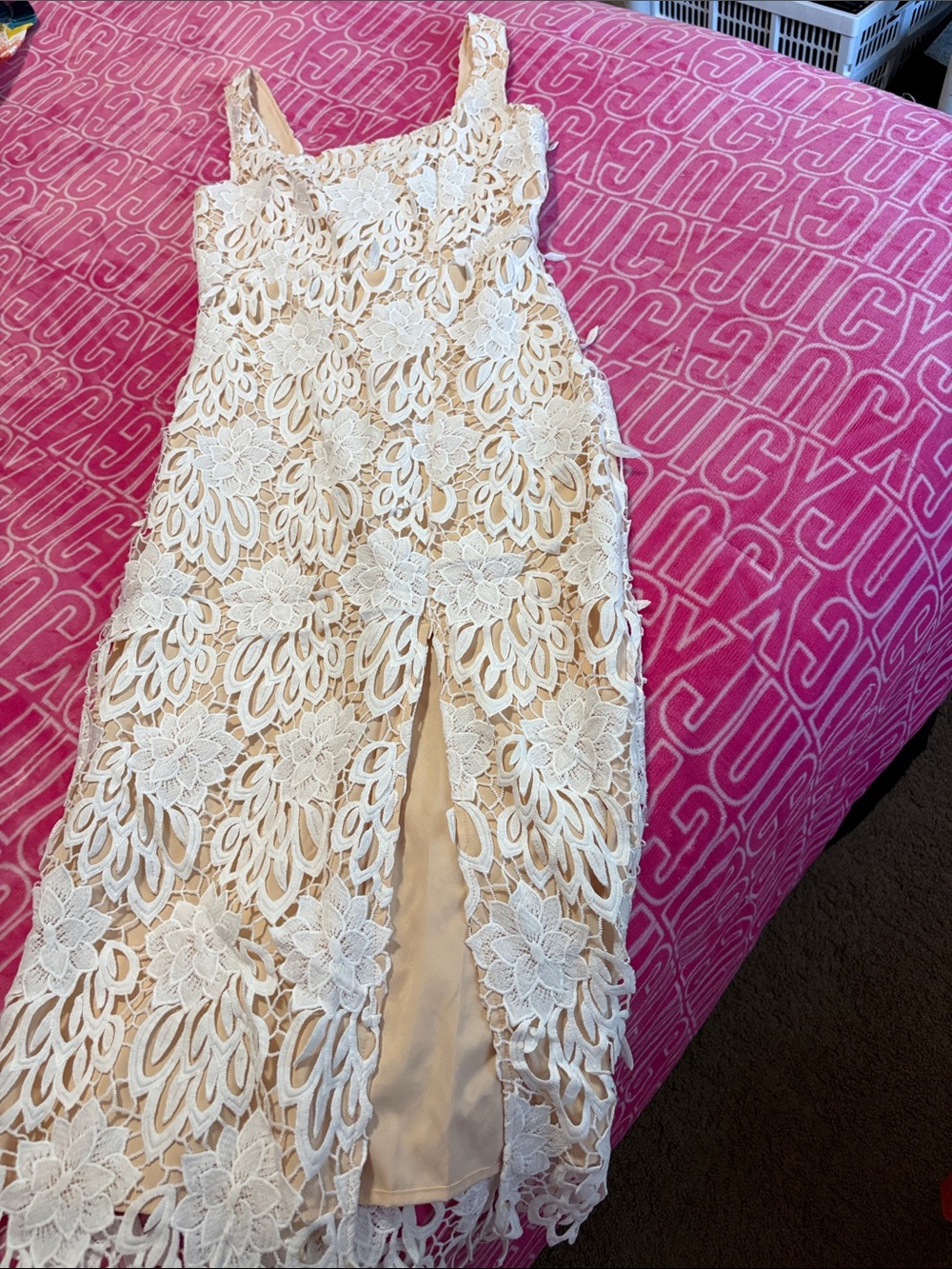 Just Me white Lace Midi Dress with Nude Underlay and Front Slit